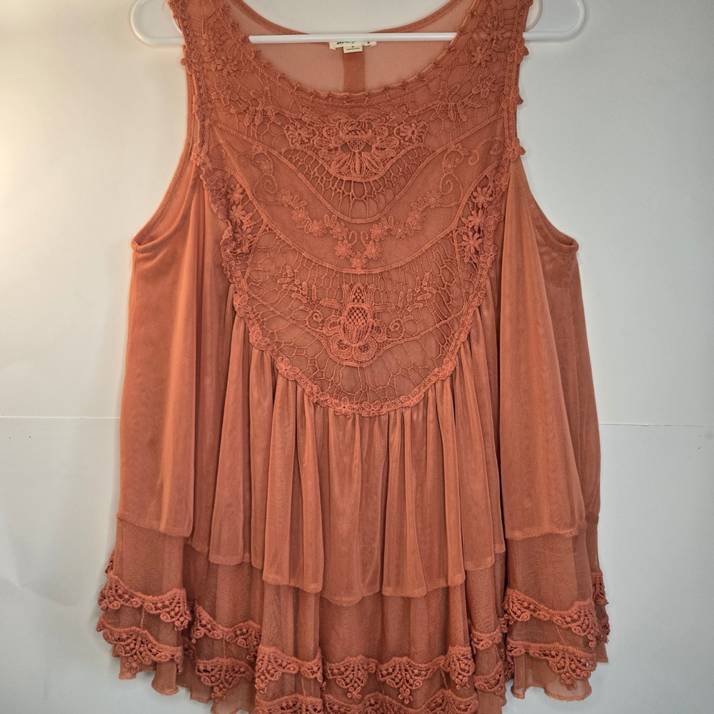 Ultra Pink Womens Orange Lace Crochet Mesh Tiered Sleeveless Babydoll Top M Boho
